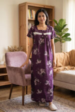Front Open Cotton Nighty With Buttons, 55 Inches - Grape Vine - Image 2