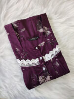 Front Open Cotton Nighty With Buttons, 55 Inches - Grape Vine - Image 3