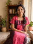 Churidar Model Cotton Nighty with Buttons, 55 Inches Long - Brown + Peach