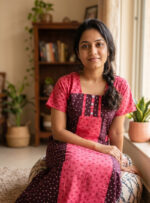Churidar Model Cotton Nighty with Buttons, 55 Inches Long - Brown + Peach