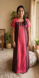 Churidar Model Cotton Nighty with Buttons, 55 Inches Long - Brown + Peach - Image 2