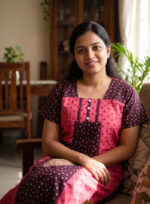 Churidar Model Cotton Nighty with Buttons, 55 Inches Long - Peach + Brown