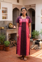Churidar Model Cotton Nighty with Buttons, 55 Inches Long - Peach + Brown - Image 2