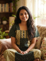 Churidar Model Cotton Nighty with Buttons, 55 Inches Long - Cream + Green