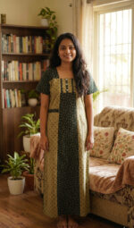 Churidar Model Cotton Nighty with Buttons, 55 Inches Long - Cream + Green - Image 2