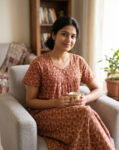 Traditional Cotton Nighty, 55 Inches Length - Dark Cream + Maroon