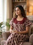 Traditional Cotton Nighty, Round Neck with Hacoba Yoke, 55 Inches Length - Cream + Maroon