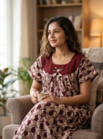 Traditional Cotton Nighty, Round Neck with Hacoba Yoke, 55 Inches Length - Cream + Maroon