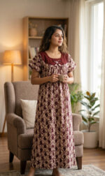 Traditional Cotton Nighty, Round Neck with Hacoba Yoke, 55 Inches Length - Cream + Maroon - Image 2