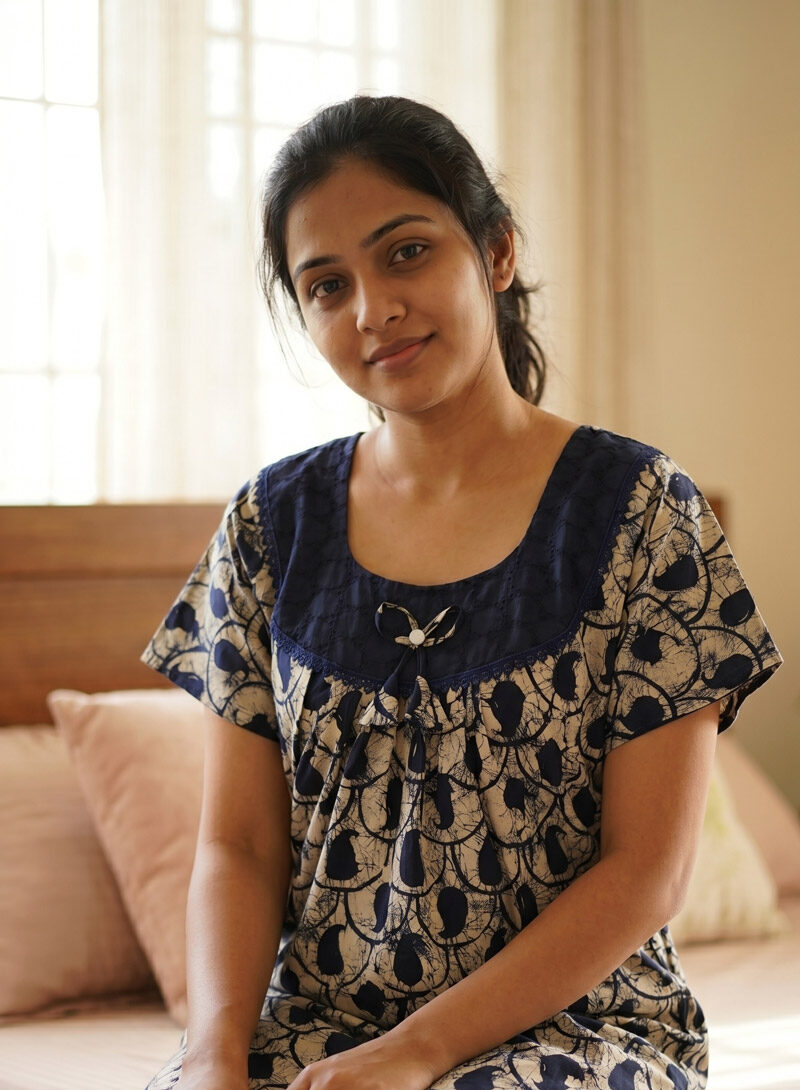 E1 Traditional Cotton Nighty, Round Neck with Hacoba Yoke, 55 Inches Length - Cream + Blue - Image 1