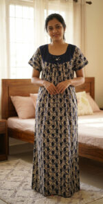 Traditional Cotton Nighty, Round Neck with Hacoba Yoke, 55 Inches Length - Cream + Blue - Image 2