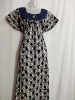 Traditional Cotton Nighty, Round Neck with Hacoba Yoke, 55 Inches Length - Cream + Blue - Image 4