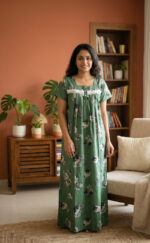 Front Open Cotton Nighty With Buttons, 55 Inches - Green - Image 2