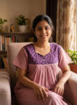 Front Open Cotton Nighty With Buttons, 55 Inches - Rose + Violet