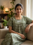 Traditional Cotton Nighty, 55 Inches Length - Green