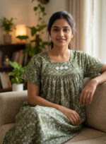 Traditional Cotton Nighty, 55 Inches Length - Green
