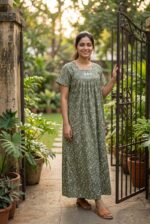 Traditional Cotton Nighty, 55 Inches Length - Green - Image 2