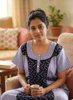 Churidar Model Cotton Nighty with Buttons, 55 Inches Long - Dark Blue + White Shade