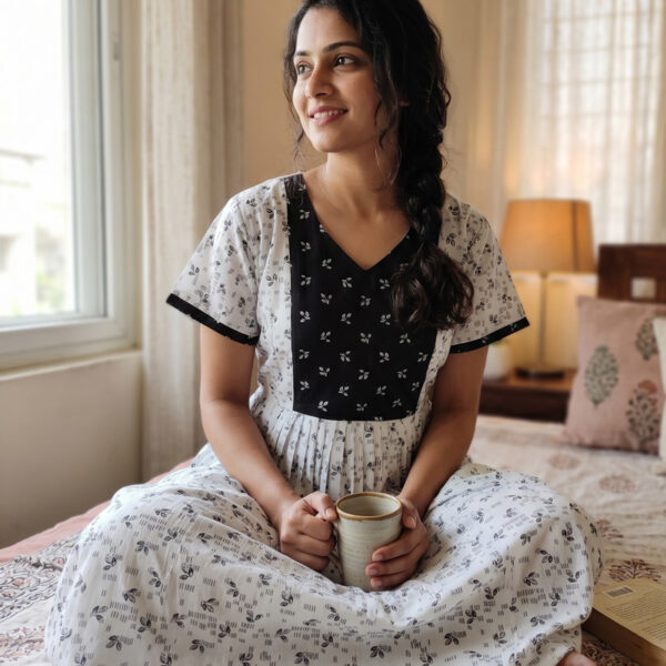 Comfortable Full Frock Cotton Nighty, 55 Inches - White + Black