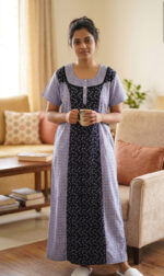 Churidar Model Cotton Nighty with Buttons, 55 Inches Long - Dark Blue + White Shade - Image 2