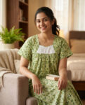 Traditional Cotton Nighty, Hacoba Yoke, 55 Inches Length - Pista Green