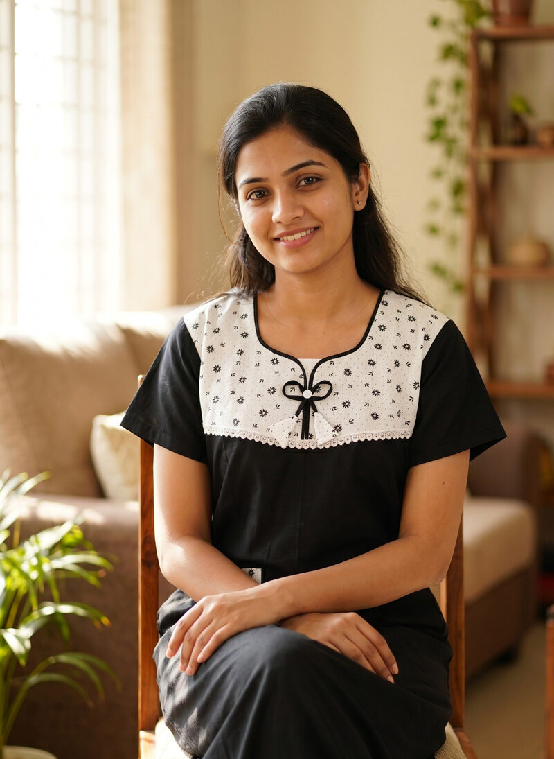 I1 Churidar Model Cotton Nighty with Buttons, 55 Inches Long - Black - Image 1