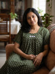 Traditional Cotton Nighty, 55 Inches Length - Green