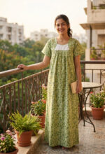 Traditional Cotton Nighty, Hacoba Yoke, 55 Inches Length - Pista Green - Image 2