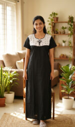 Churidar Model Cotton Nighty with Buttons, 55 Inches Long - Black - Image 2