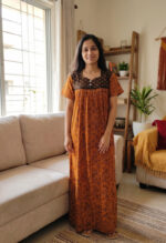 Front Open Cotton Nighty With Buttons, 55 Inches - Yellow + Black - Image 2