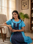 Churidar Model Cotton Nighty with Buttons, 55 Inches Long - Blue