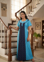 Churidar Model Cotton Nighty with Buttons, 55 Inches Long - Blue - Image 2