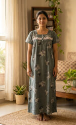 Front Open Cotton Nighty With Buttons, 55 Inches - Ash Colour - Image 2