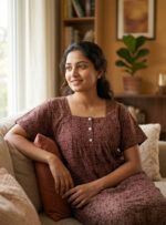 Front Open Ajrakh Cotton Nighty with Buttons, 57 Inches - Maroon