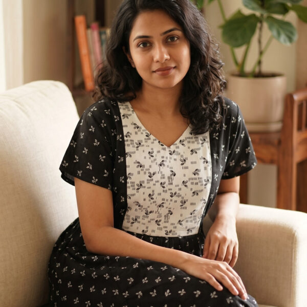 Comfortable Full Frock Cotton Nighty, 55 Inches - Black + White