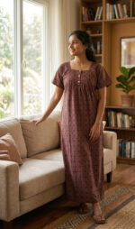 Front Open Ajrakh Cotton Nighty with Buttons, 57 Inches - Maroon - Image 2