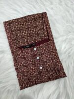 Front Open Ajrakh Cotton Nighty with Buttons, 57 Inches - Maroon - Image 3
