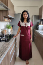 Churidar Model Cotton Nighty with Buttons, 55 Inches Long - Maroon - Image 2