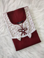 Churidar Model Cotton Nighty with Buttons, 55 Inches Long - Maroon - Image 3
