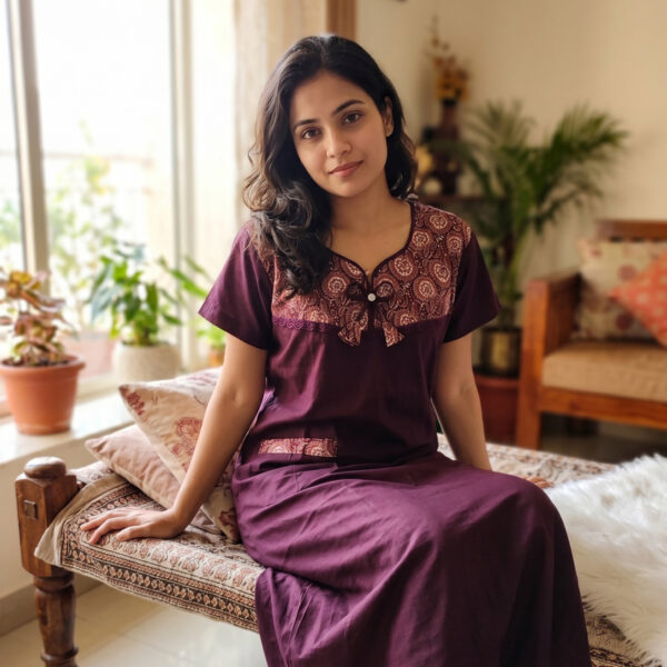 Churidar Model Cotton Nighty with Buttons, 55 Inches Long - Grape Vine