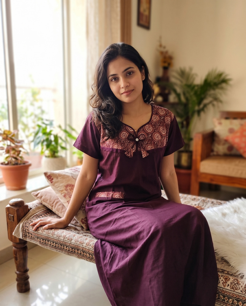 N1 Churidar Model Cotton Nighty with Buttons, 55 Inches Long - Grape Vine - Image 1