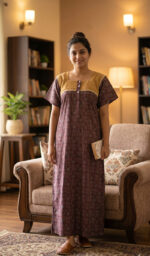 Churidar Model Ajrakh Cotton Nighty With Buttons, Hacoba Yoke, 57 Inches - Maroon - Image 2