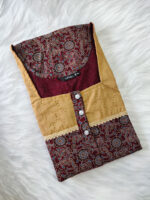 Churidar Model Ajrakh Cotton Nighty With Buttons, Hacoba Yoke, 57 Inches - Maroon - Image 3