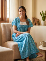 Traditional Cotton Nighty, Hacoba Yoke, 55 Inches Length - Blue