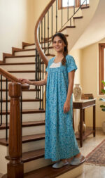 Traditional Cotton Nighty, Hacoba Yoke, 55 Inches Length - Blue - Image 2