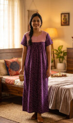 Front Open Cotton Nighty With Buttons, 55 Inches - Violet + Rose - Image 2