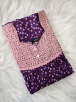 Front Open Cotton Nighty With Buttons, 55 Inches - Violet + Rose - Image 3