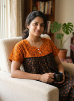 Front Open Cotton Nighty With Buttons, 55 Inches - Black + Yellow