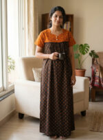 Front Open Cotton Nighty With Buttons, 55 Inches - Black + Yellow - Image 2