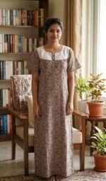 Churidar Model Cotton Nighty with Buttons, Hacoba Yoke, 57 Inches Long - Green - Image 2